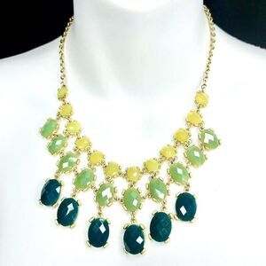 Bib Statement Necklace Green Yellow Gold Tone Faceted Cabochon Adjustable 1564